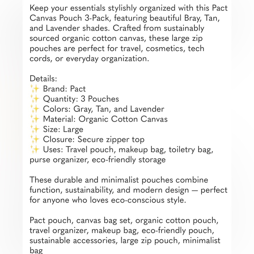 PACT ORGANIC COTTON 3 PACK CANVAS GOING PLACES TRAVEL POUCH SET - Picture 12 of 12